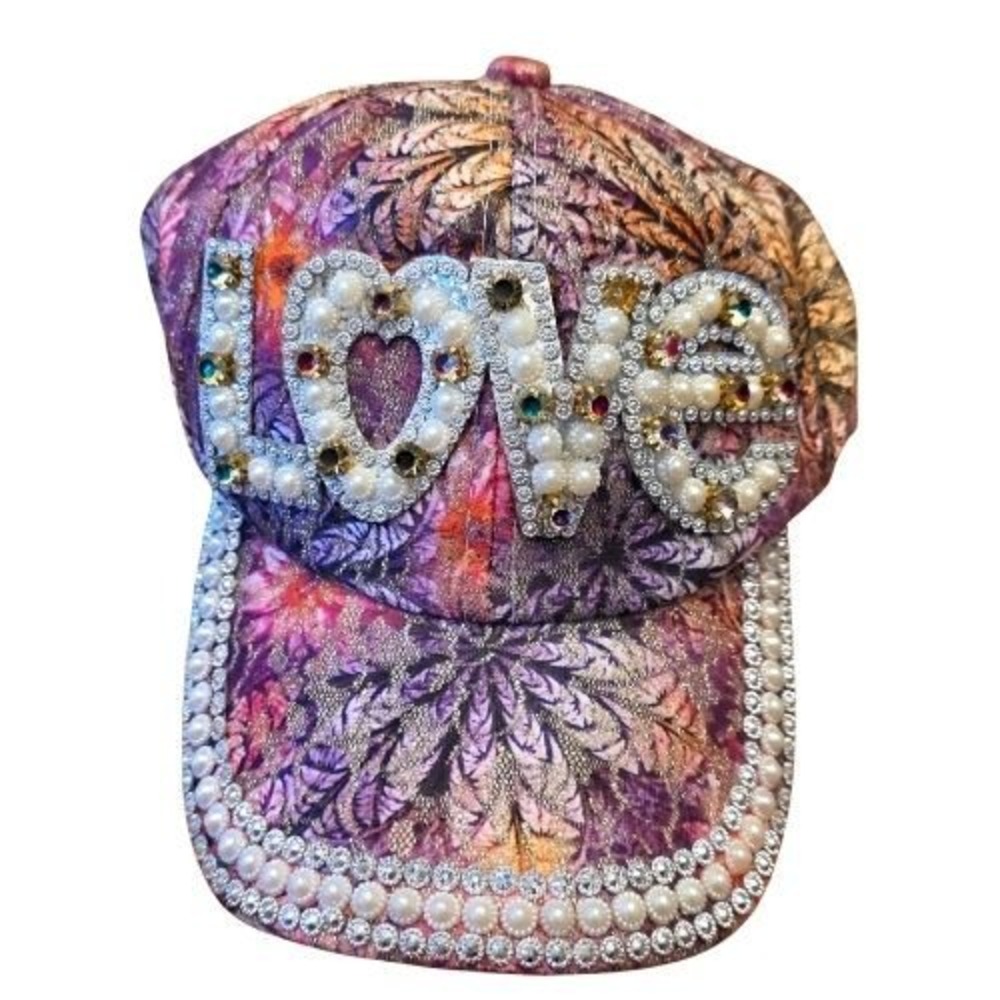 Sparkling LOVE Baseball Cap Rhinestone Pearls Embellished Floral Valentine